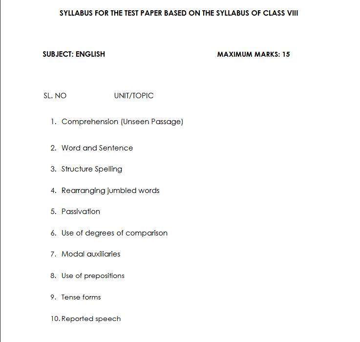 NVS Class 9 Admission Form 2024-25 English Syllabus