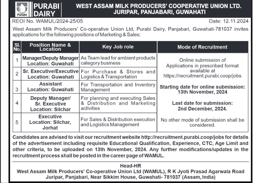 Purabi Dairy Recruitment Notification